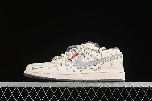 All categories Air Jordan Jordan series basketball shoes Air Jordan 1 Low High-end customized low-top sneakers Air Jordan 1 Low AJ1 Joe 1 LV joint gray cloth hook drawstring High-end customized low-top retro basketball shoes YX5066-357